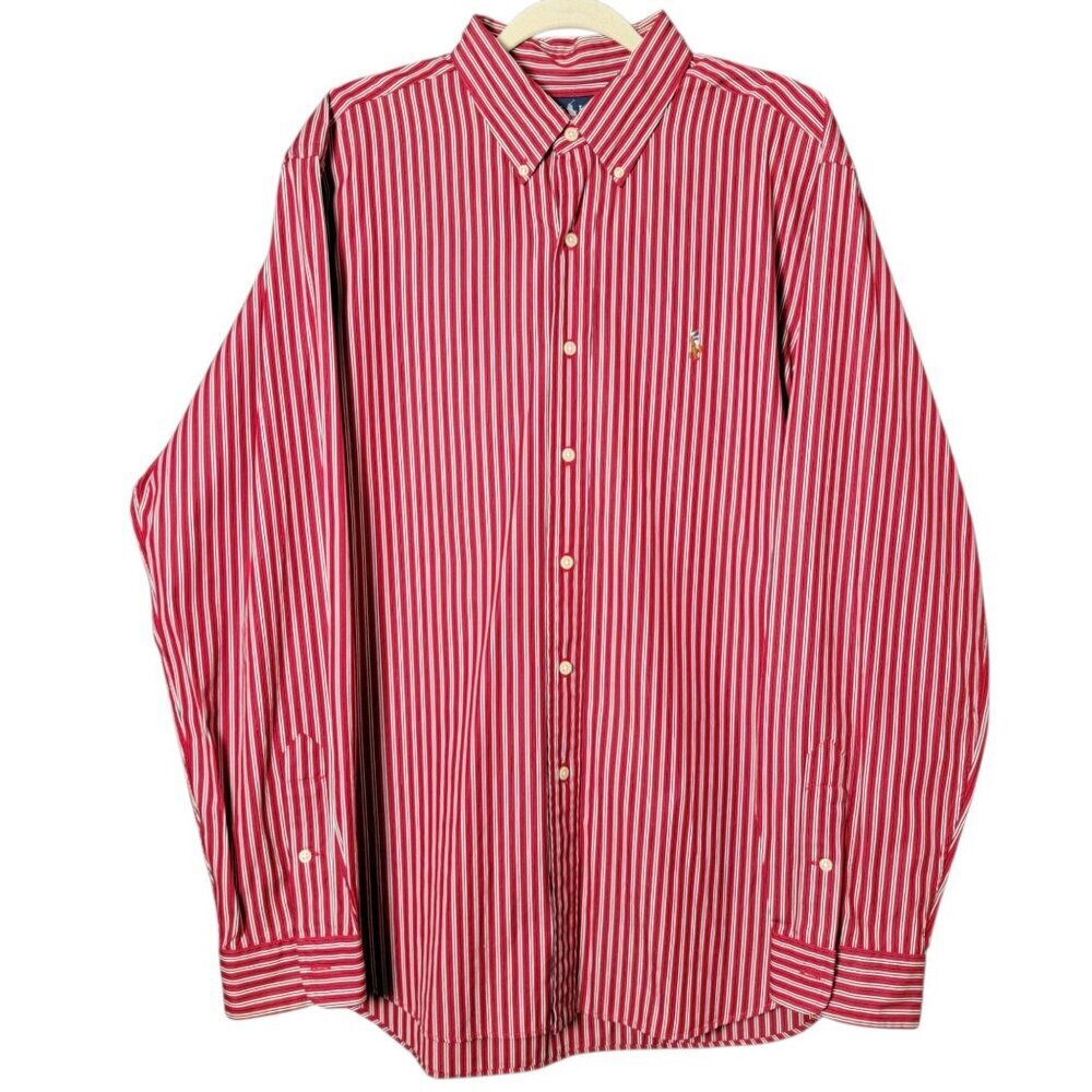 Ralph Lauren Men Red Black Striped Preppy Long Sleeve Button Down Dress Shirt XL